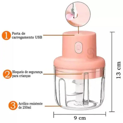 Processador Elétrico Mini 250ml Sem Fio e Recarregável - Ralador e Utensílio de Cozinha