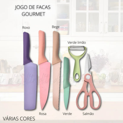 Conjunto de Facas Profissionais Coloridas em Aço Inoxidável com 6 Peças para Churrasco e Cozinha - Inclui Tesoura de Cozinha