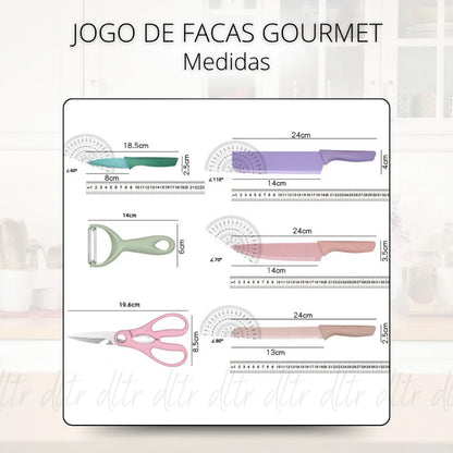 Conjunto de Facas Profissionais Coloridas em Aço Inoxidável com 6 Peças para Churrasco e Cozinha - Inclui Tesoura de Cozinha