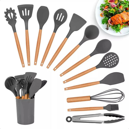 Kit de Utensílios de Cozinha em Silicone - 12 Peças, Antiferrugem e Livre de BPA