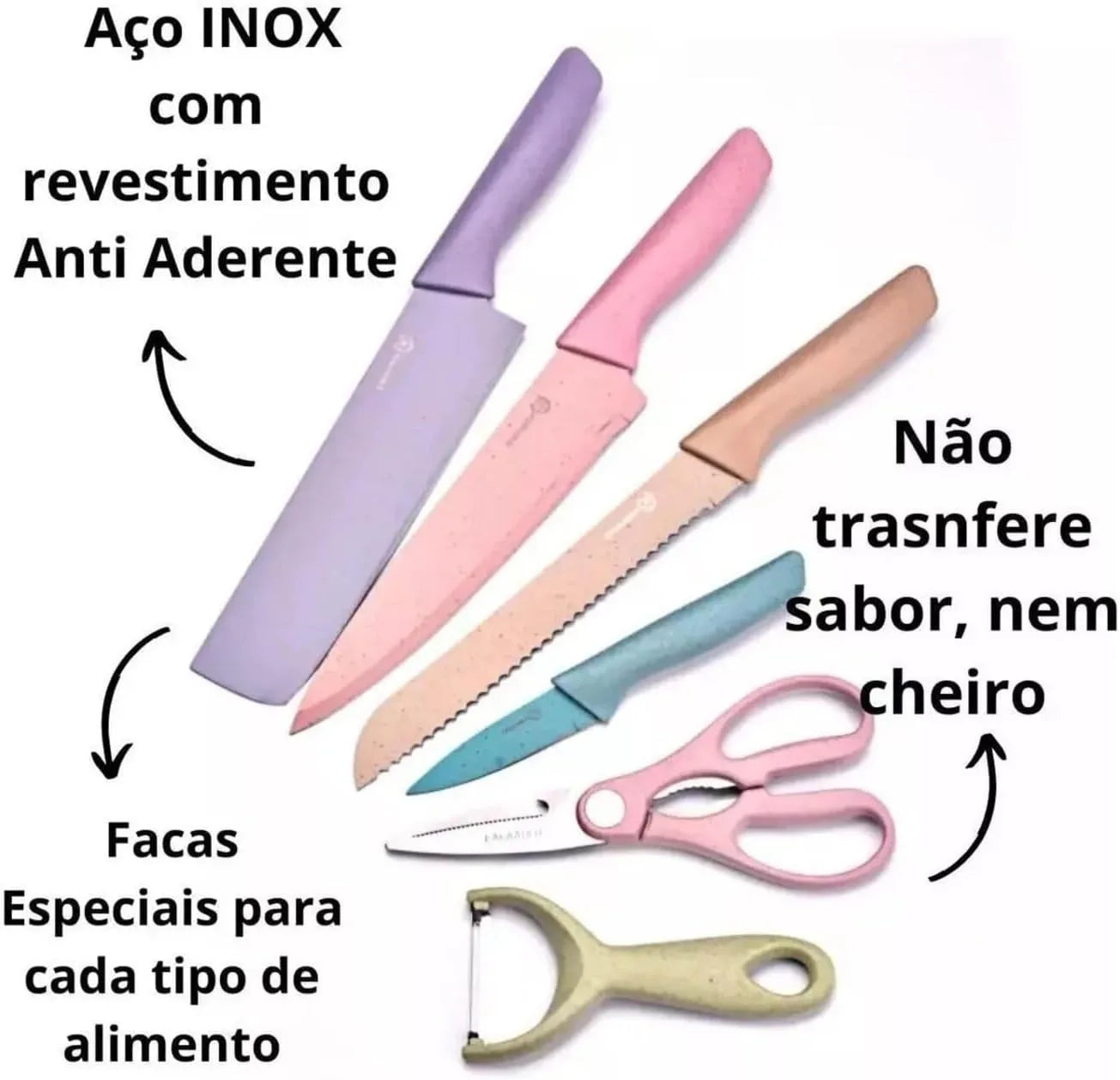 Conjunto de Facas Profissionais Coloridas em Aço Inoxidável com 6 Peças para Churrasco e Cozinha - Inclui Tesoura de Cozinha